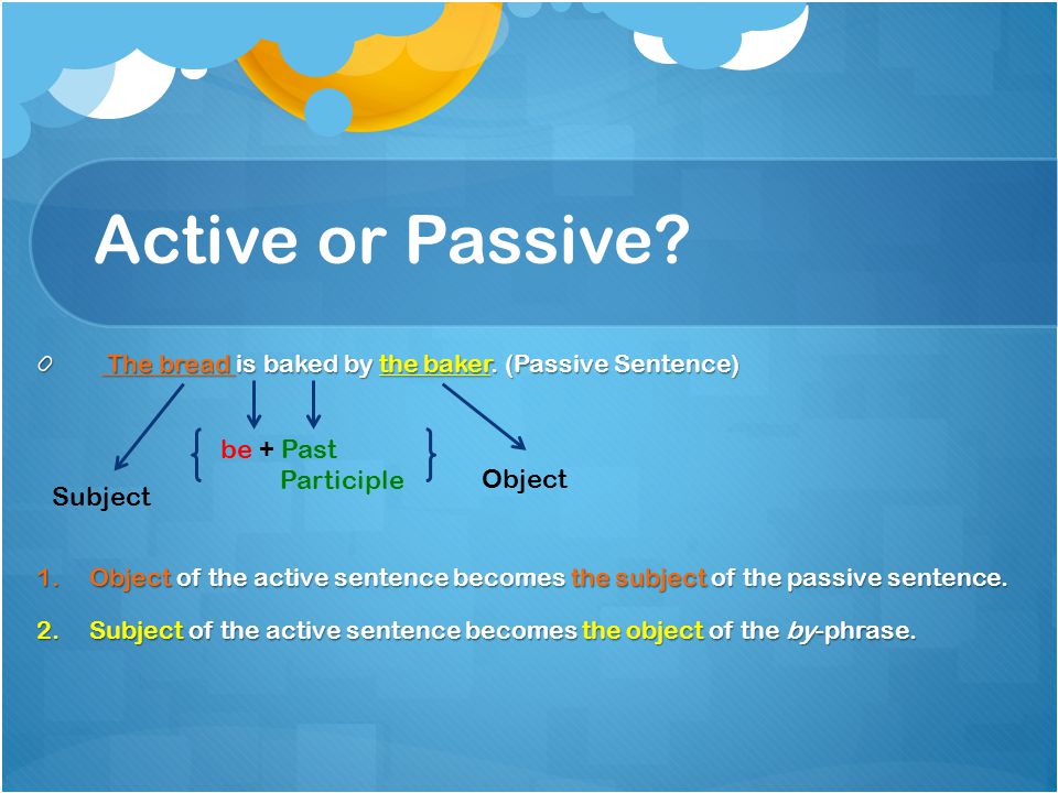 Active or Passive be + Past Participle Object Subject
