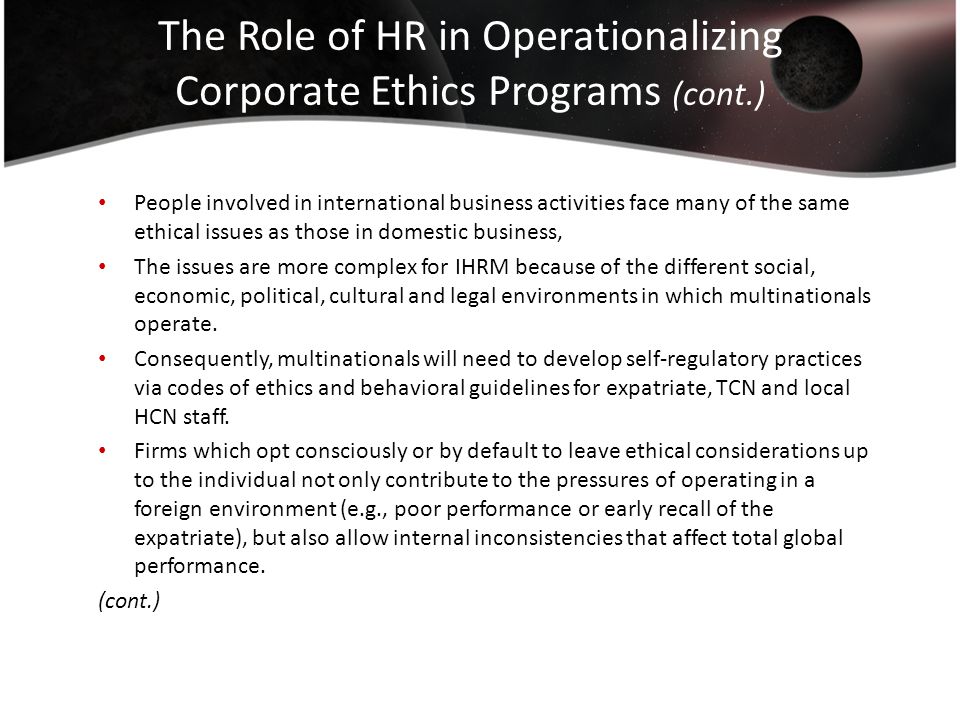 The Role of HR in Operationalizing Corporate Ethics Programs (cont.)