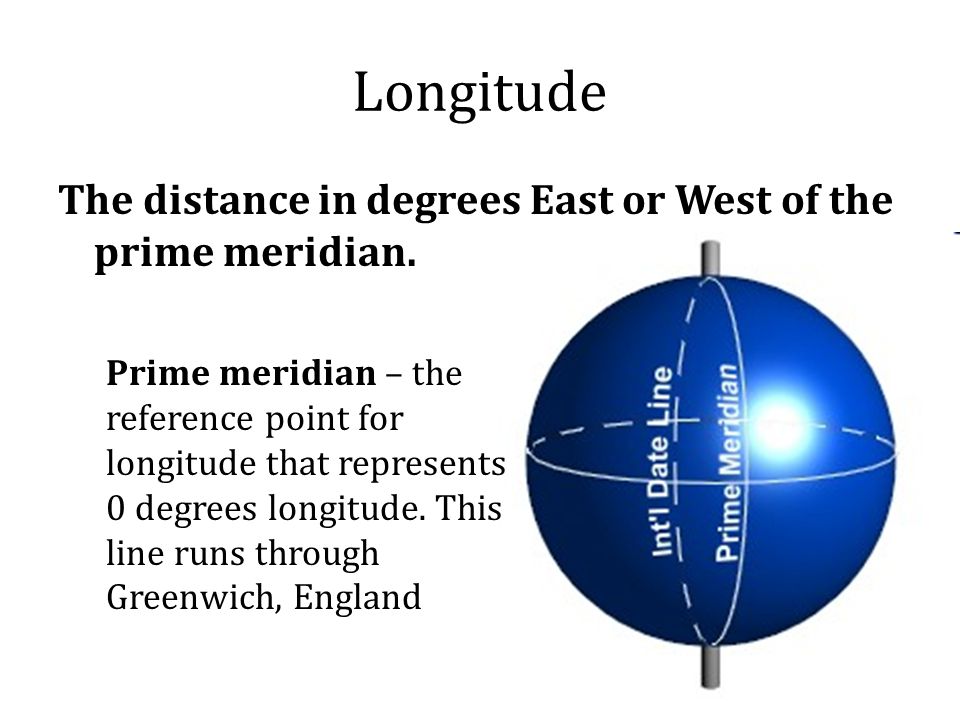 Longitude The distance in degrees East or West of the prime meridian.