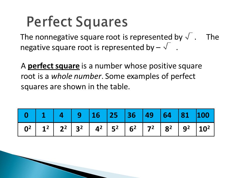Perfect Squares The nonnegative square root is represented by . The negative square root is represented by – .