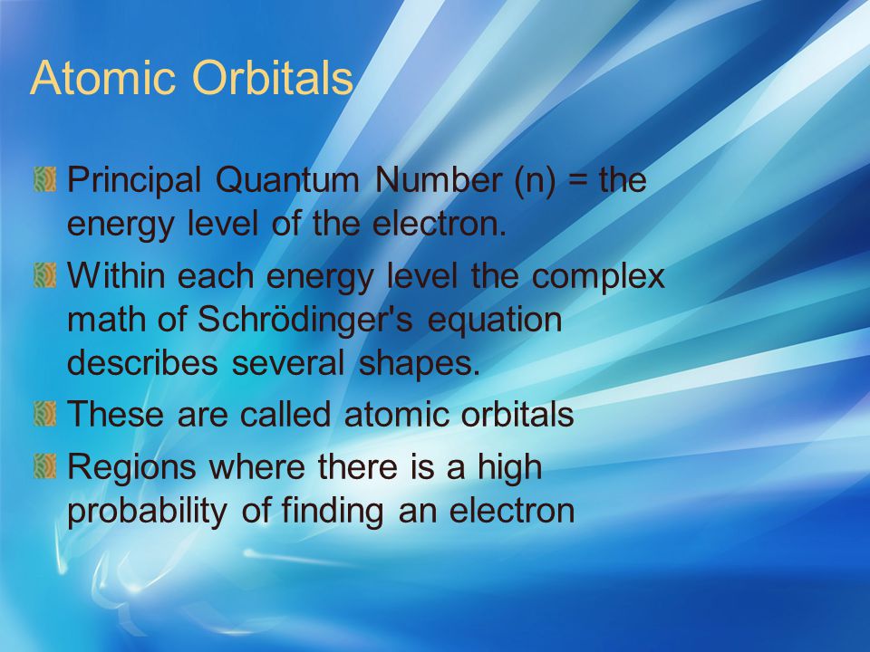 Atomic Orbitals Principal Quantum Number (n) = the energy level of the electron.