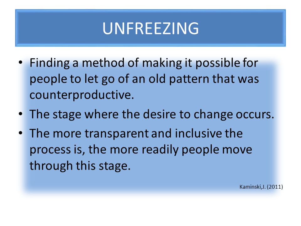 UNFREEZING Finding a method of making it possible for people to let go of an old pattern that was counterproductive.