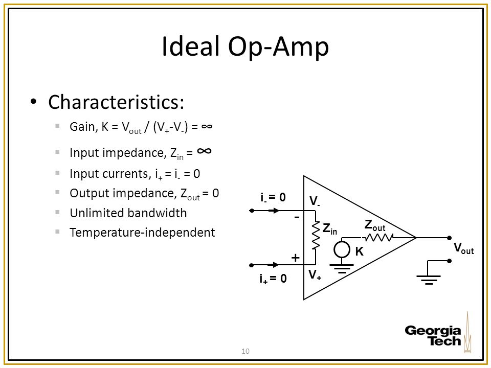 Ideal Op-Amp Characteristics: - + Gain, K = Vout / (V+-V-) = ∞
