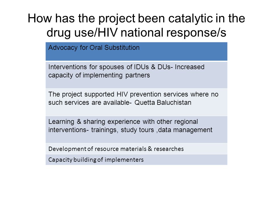 How has the project been catalytic in the drug use/HIV national response/s