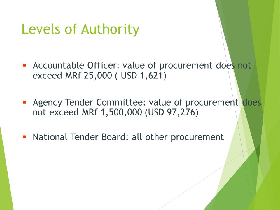 Levels of Authority Accountable Officer: value of procurement does not exceed MRf 25,000 ( USD 1,621)