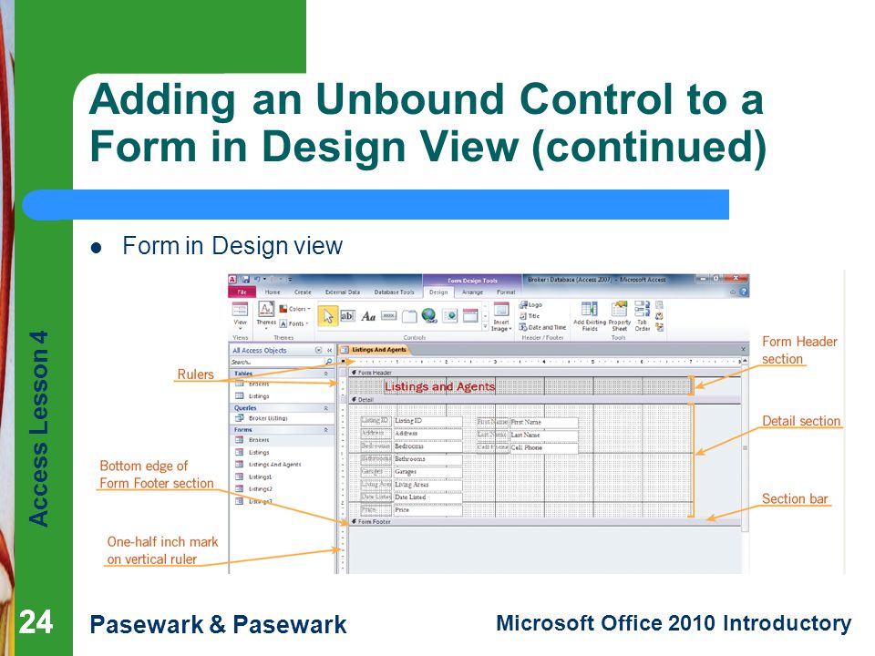 Adding an Unbound Control to a Form in Design View (continued)