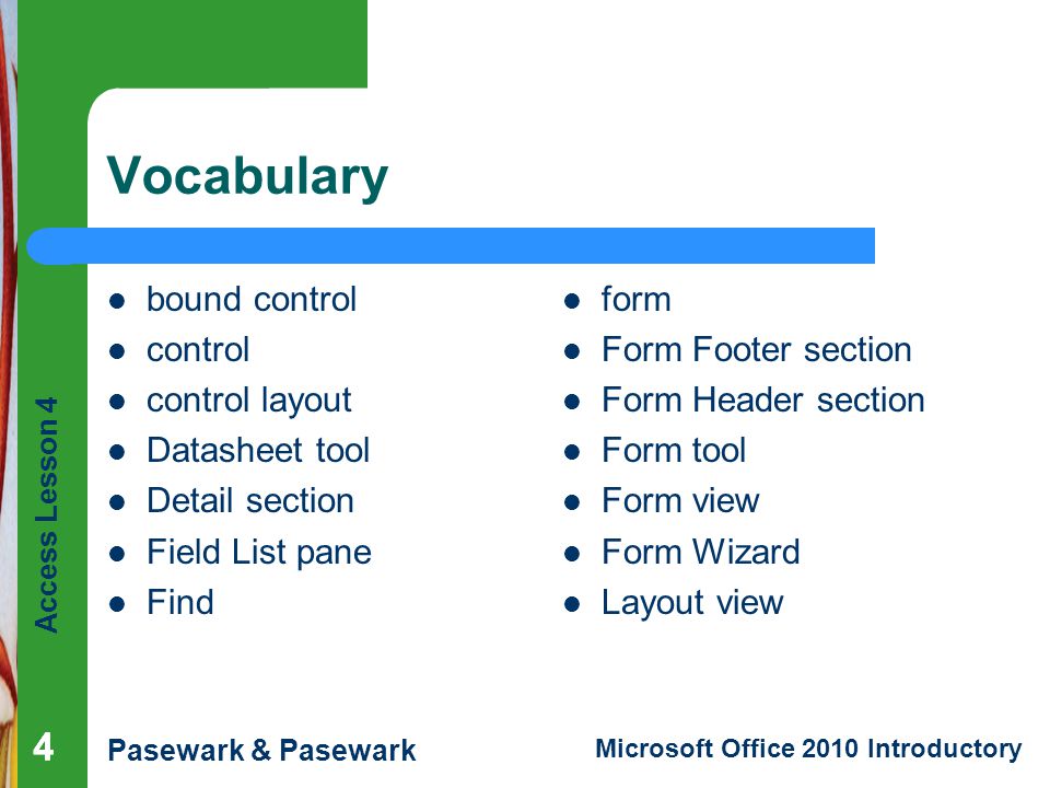 Vocabulary 4 4 bound control control control layout Datasheet tool