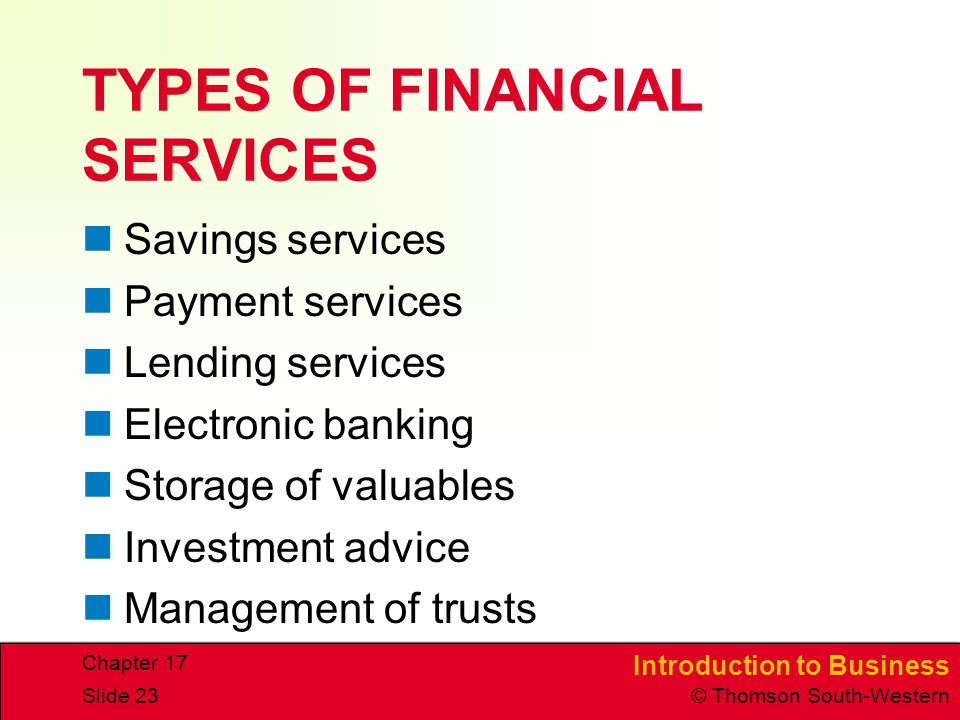 TYPES OF FINANCIAL SERVICES