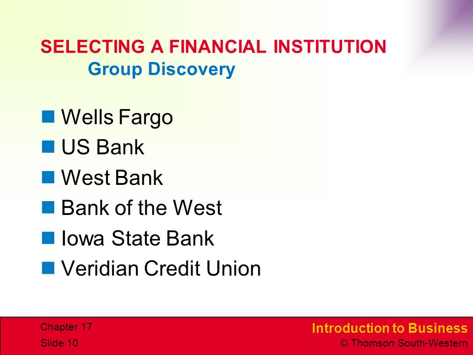 SELECTING A FINANCIAL INSTITUTION Group Discovery