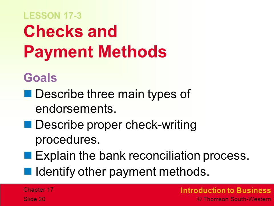 LESSON 17-3 Checks and Payment Methods