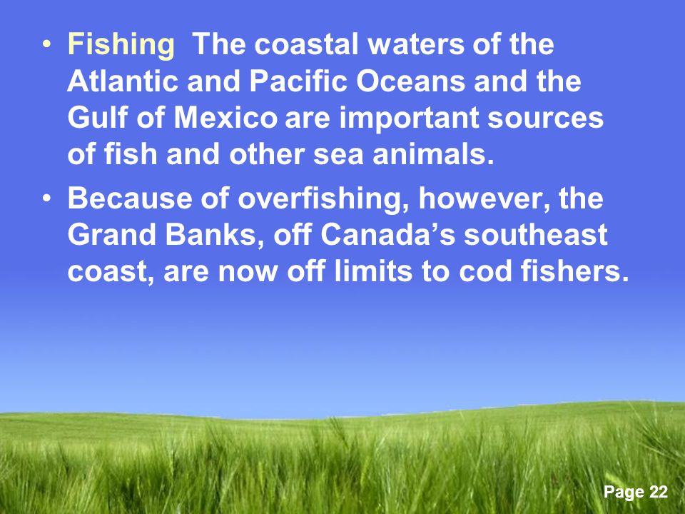 Fishing The coastal waters of the Atlantic and Pacific Oceans and the Gulf of Mexico are important sources of fish and other sea animals.
