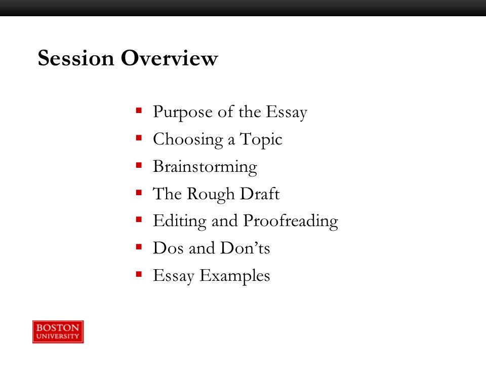 Session Overview Purpose of the Essay Choosing a Topic Brainstorming