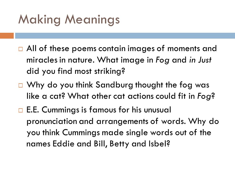 Making Meanings All of these poems contain images of moments and miracles in nature. What image in Fog and in Just did you find most striking