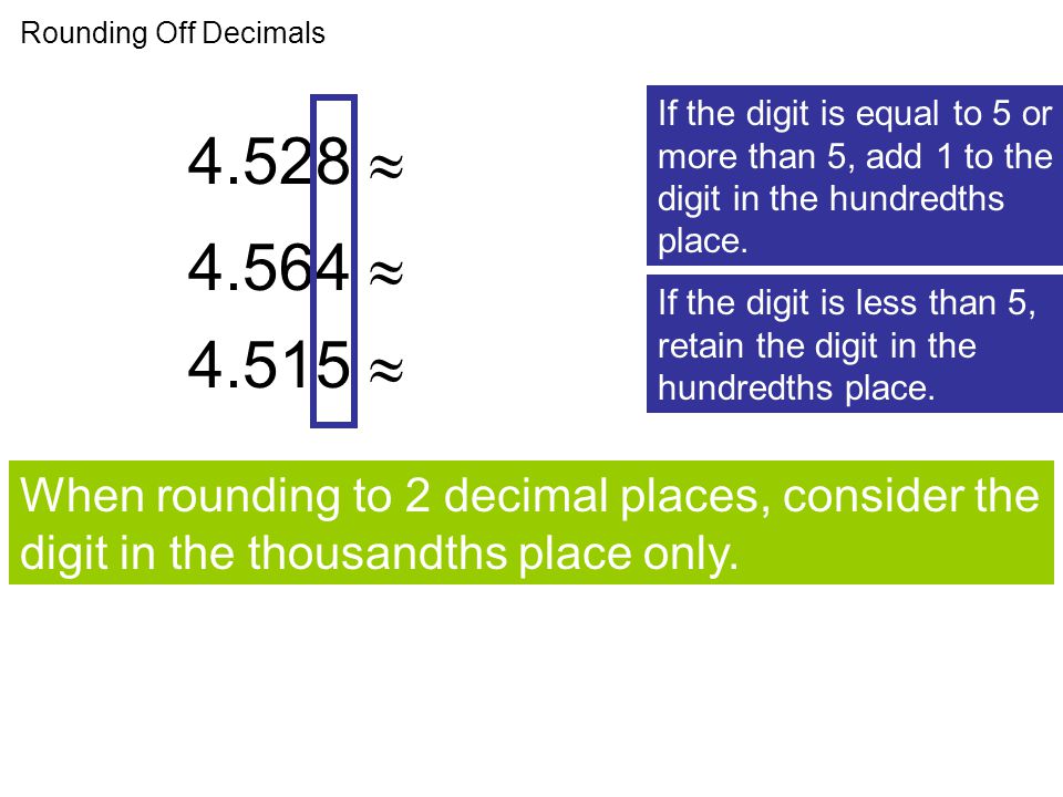 Rounding Off Decimals If the digit is equal to 5 or more than 5, add 1 to the digit in the hundredths place.