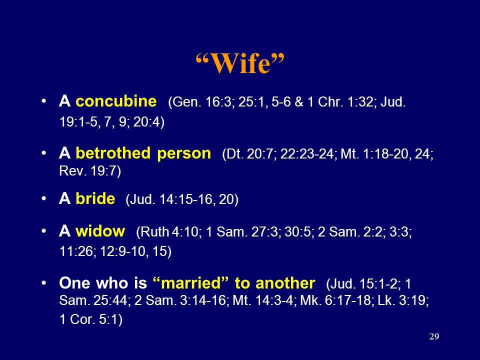Wife A concubine (Gen. 16:3; 25:1, 5-6 & 1 Chr. 1:32; Jud. 19:1- 5, 7, 9; 20:4)