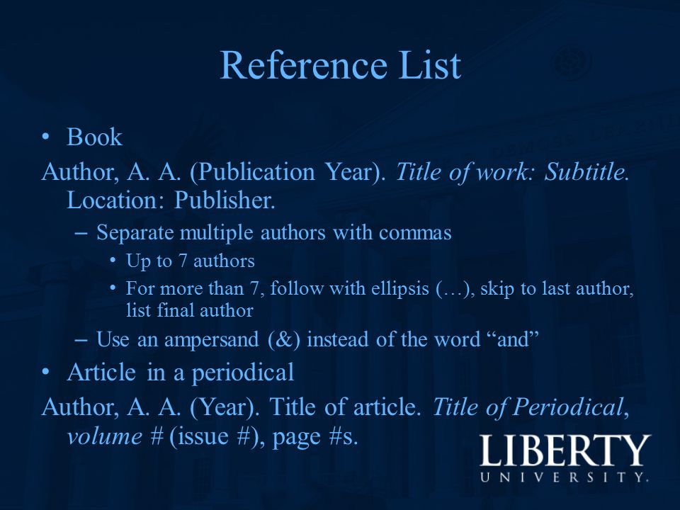 Reference List Book. Author, A. A. (Publication Year). Title of work: Subtitle. Location: Publisher.