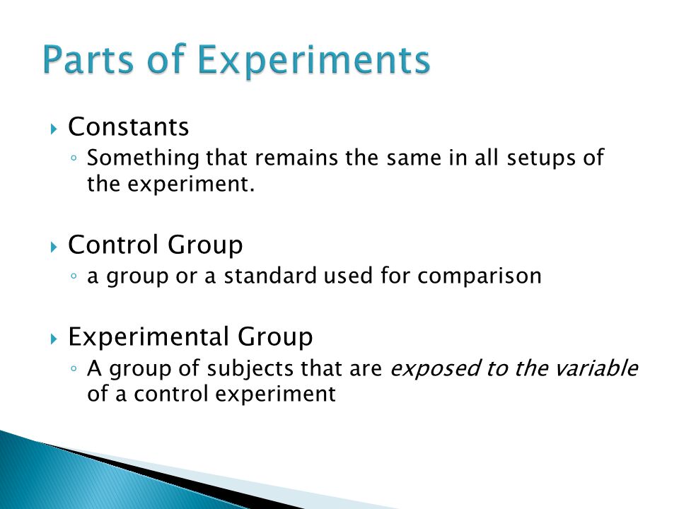Parts of Experiments Constants Control Group Experimental Group
