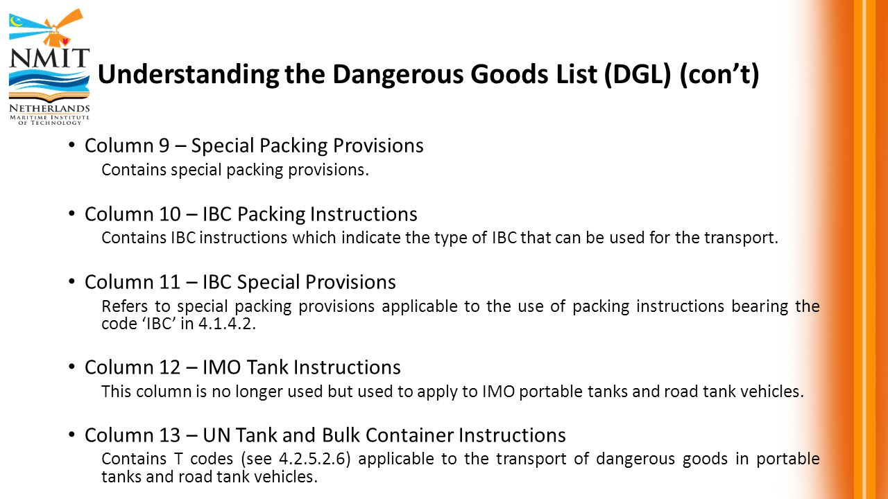 Understanding the Dangerous Goods List (DGL) (con’t)