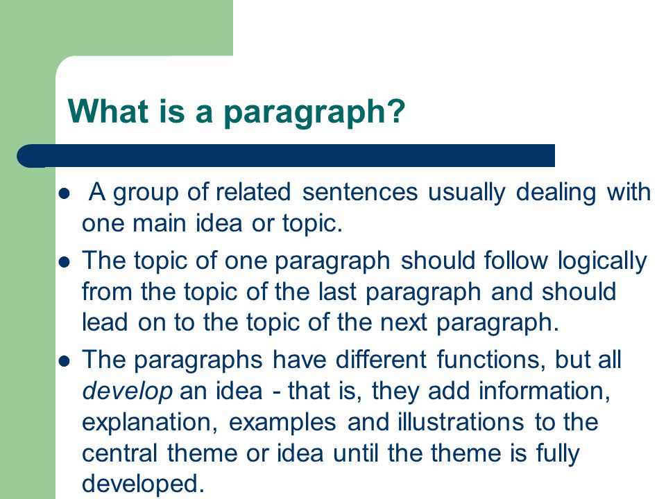 What is a paragraph A group of related sentences usually dealing with one main idea or topic.