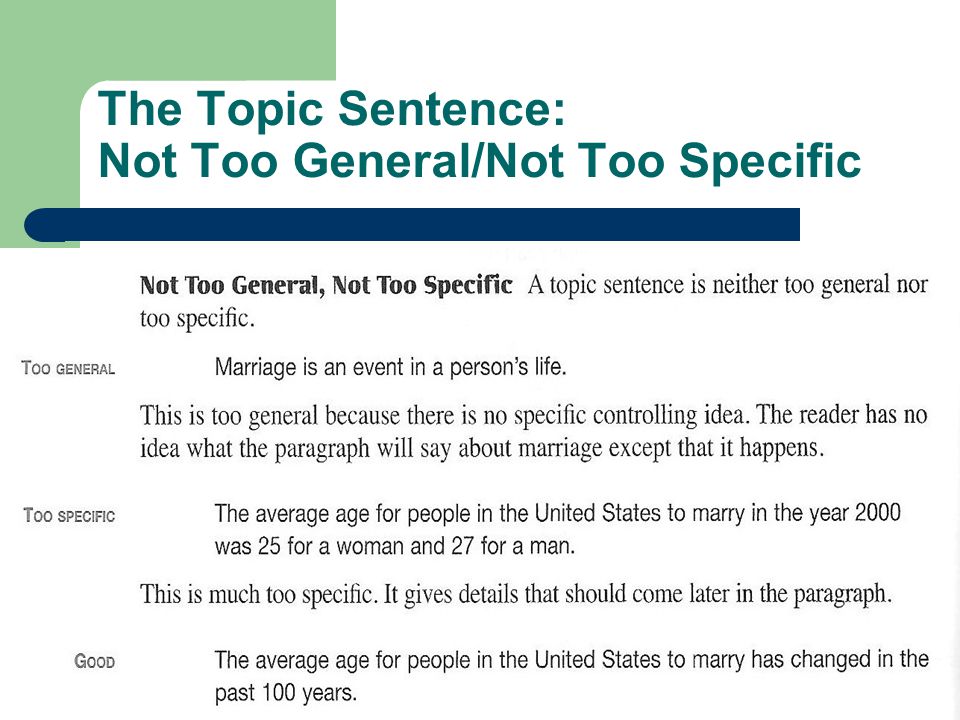The Topic Sentence: Not Too General/Not Too Specific