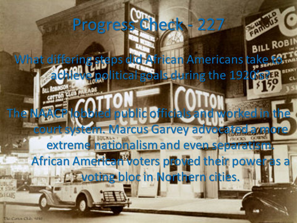 Progress Check What differing steps did African Americans take to achieve political goals during the 1920’s