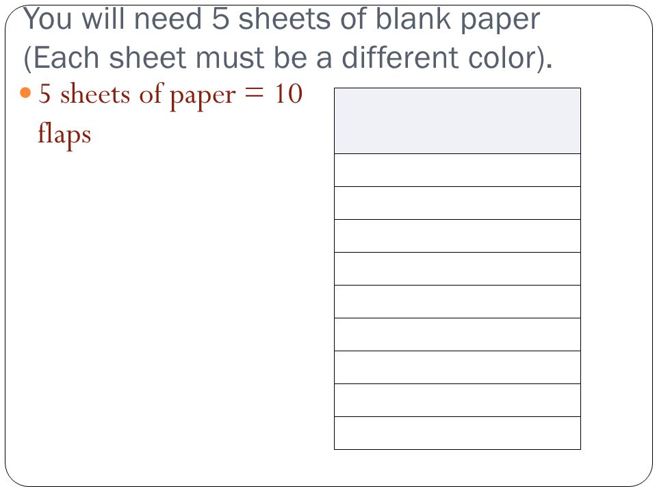 You will need 5 sheets of blank paper (Each sheet must be a different color).