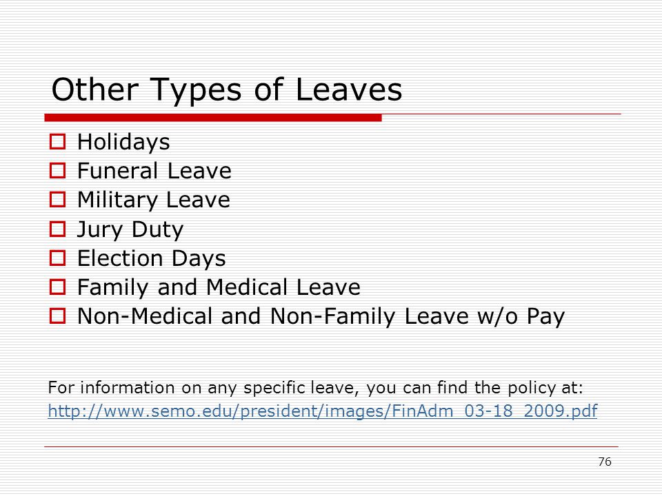 Other Types of Leaves Holidays Funeral Leave Military Leave Jury Duty