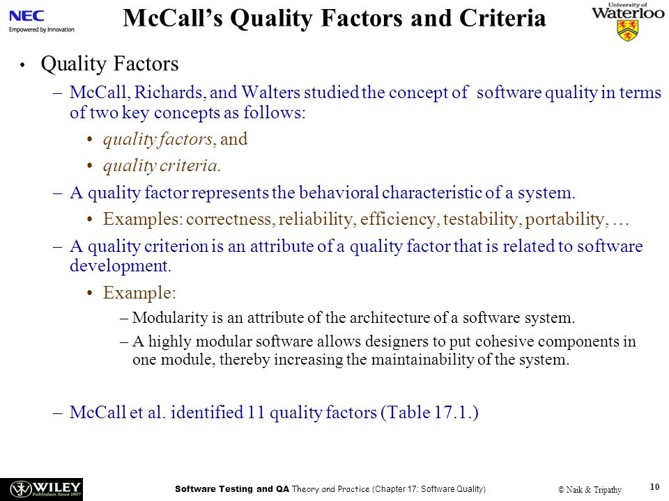 Quality factor, Quality Characteristics, Definitions