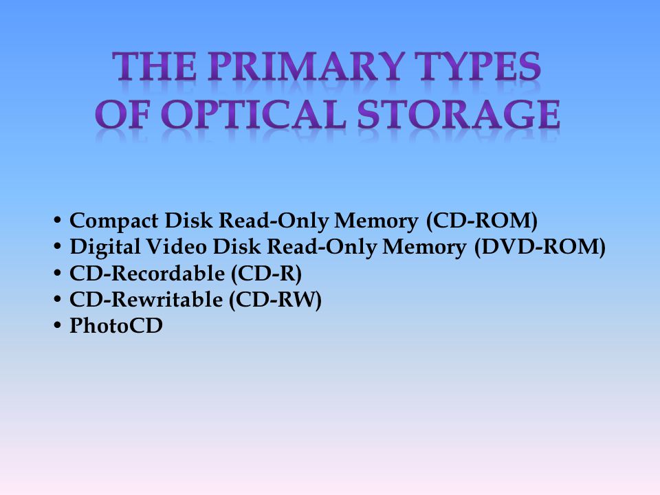 The primary types of optical storage