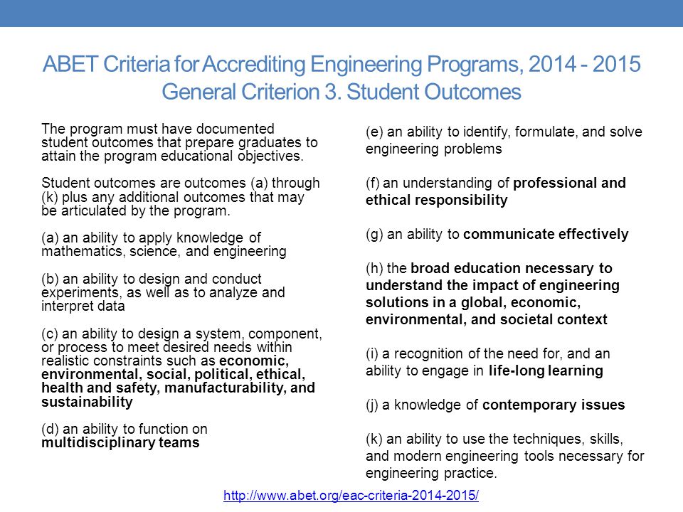 ABET Criteria for Accrediting Engineering Programs, General Criterion 3. Student Outcomes