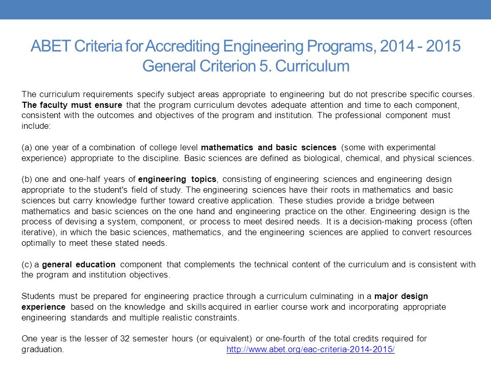 ABET Criteria for Accrediting Engineering Programs, General Criterion 5. Curriculum