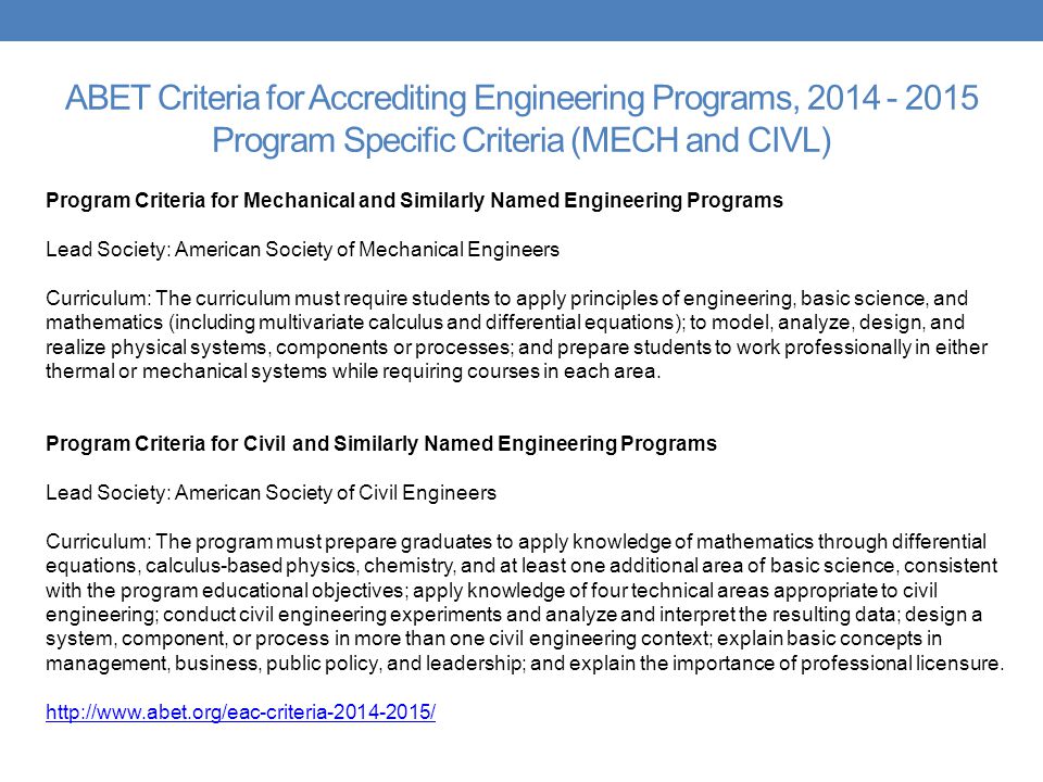 ABET Criteria for Accrediting Engineering Programs, Program Specific Criteria (MECH and CIVL)