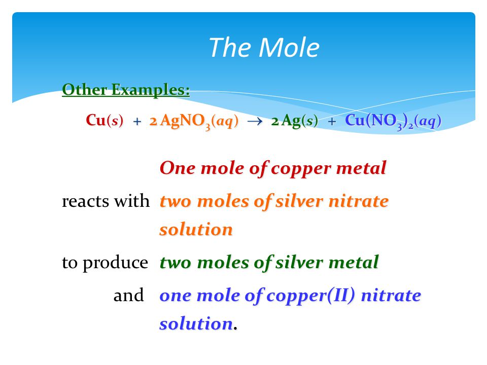 The Mole One mole of copper metal