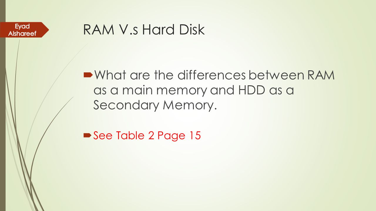 RAM V.s Hard Disk Eyad Alshareef. What are the differences between RAM as a main memory and HDD as a Secondary Memory.