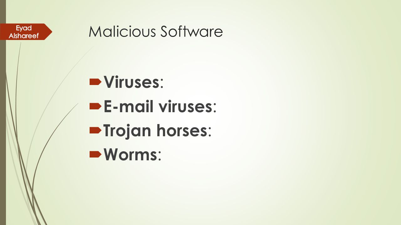 Viruses:  viruses: Trojan horses: Worms: Malicious Software