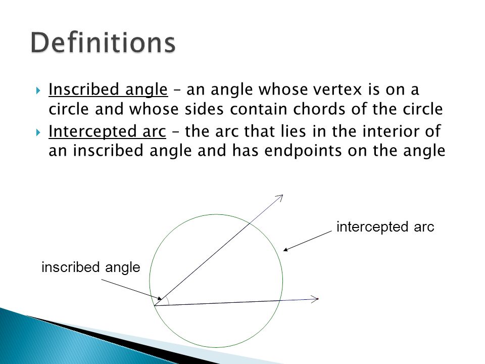 Definitions Inscribed angle – an angle whose vertex is on a circle and whose sides contain chords of the circle.