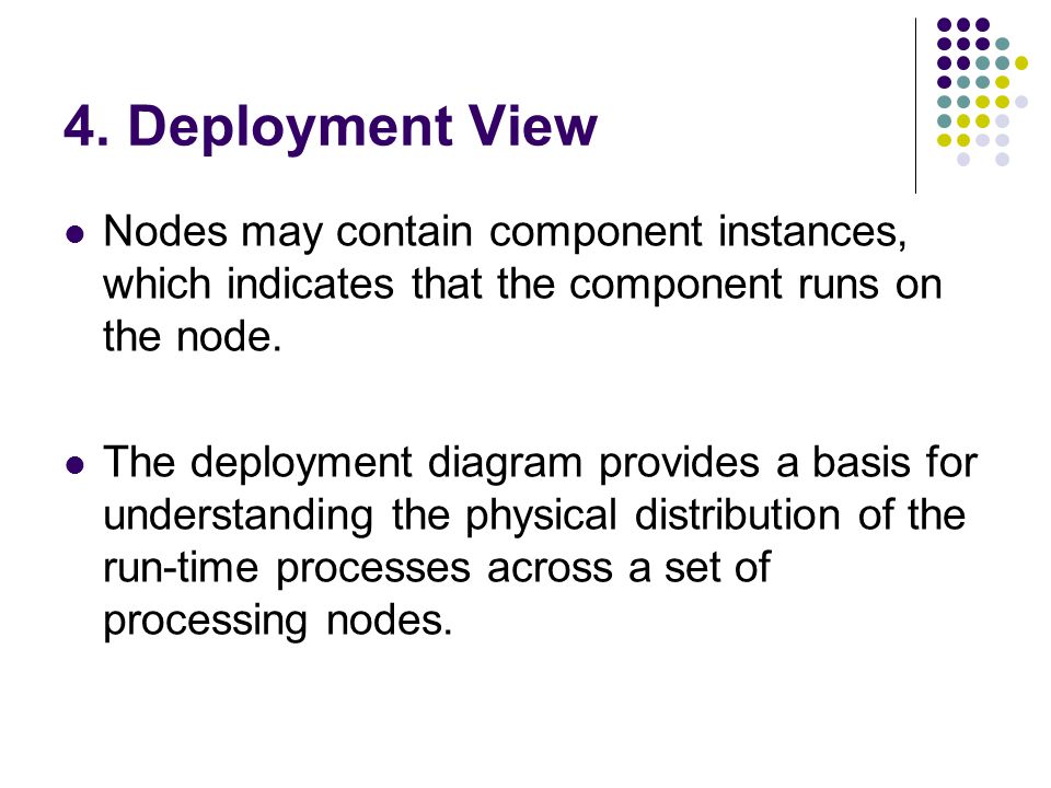 4. Deployment View Nodes may contain component instances, which indicates that the component runs on the node.