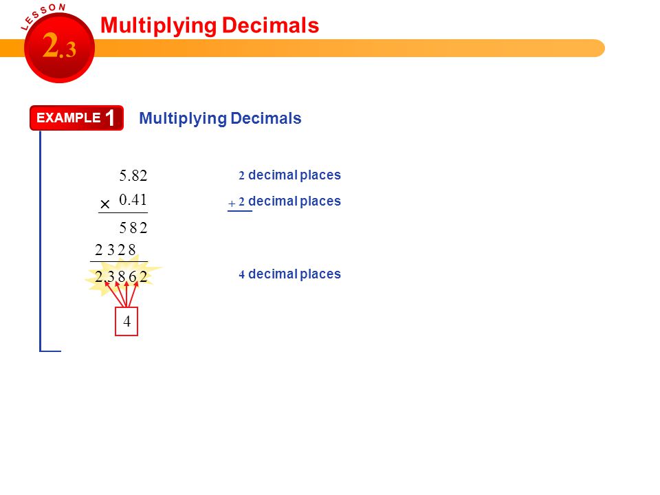 Multiplying Decimals  Multiplying Decimals 5.82 –––––– 0.41