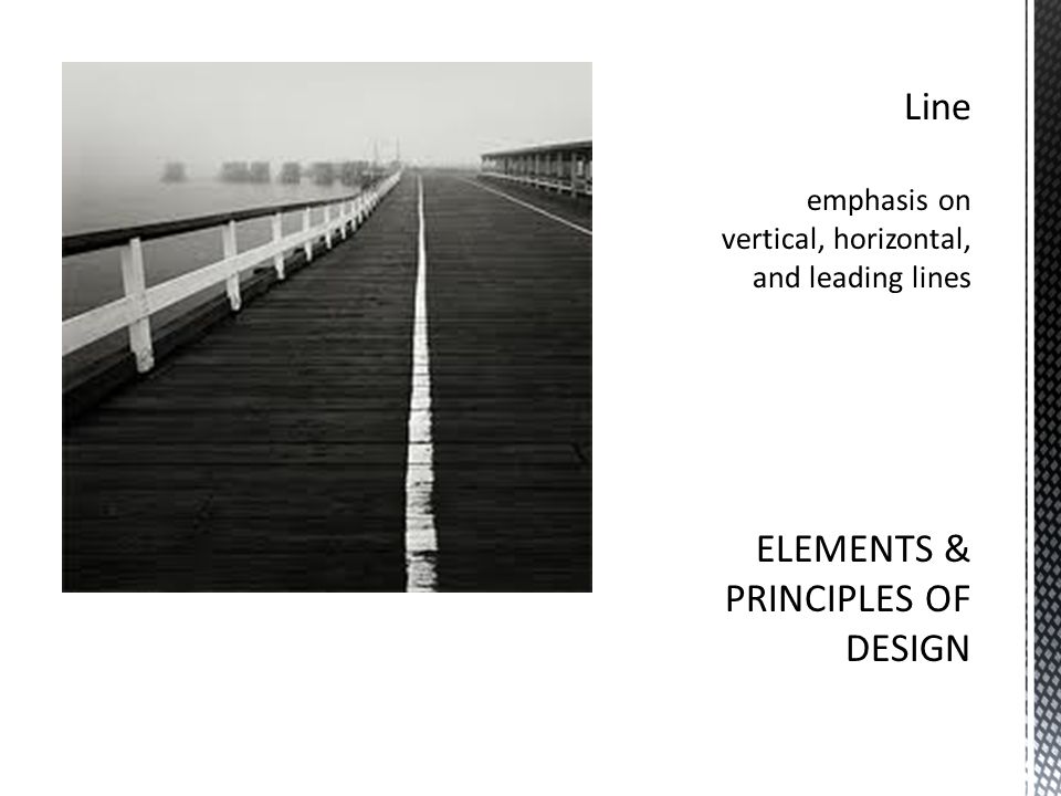 Line emphasis on vertical, horizontal, and leading lines ELEMENTS & PRINCIPLES OF DESIGN
