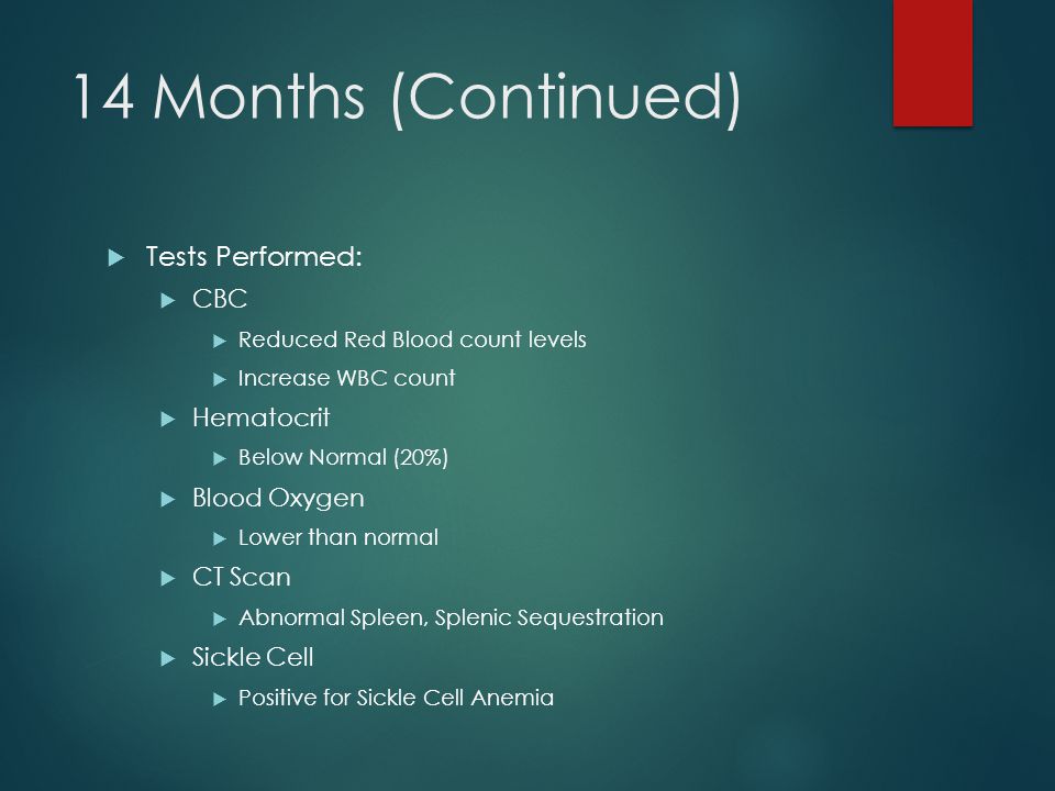 14 Months (Continued) Tests Performed: CBC Hematocrit Blood Oxygen