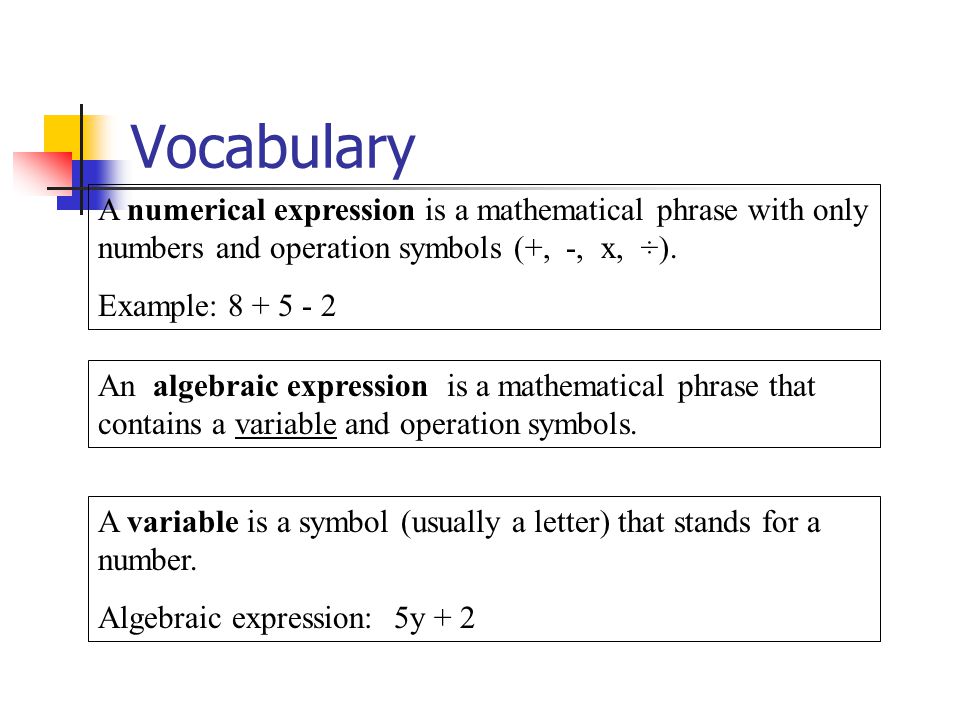 Vocabulary A numerical expression is a mathematical phrase with only numbers and operation symbols (+, -, x, ÷).
