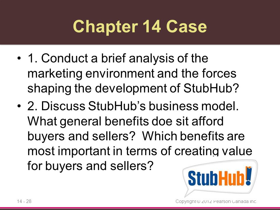Chapter 14 Case 1. Conduct a brief analysis of the marketing environment and the forces shaping the development of StubHub
