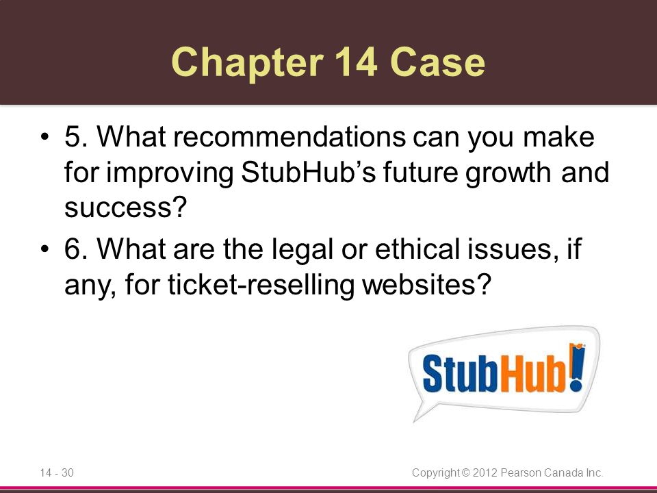 Chapter 14 Case 5. What recommendations can you make for improving StubHub’s future growth and success