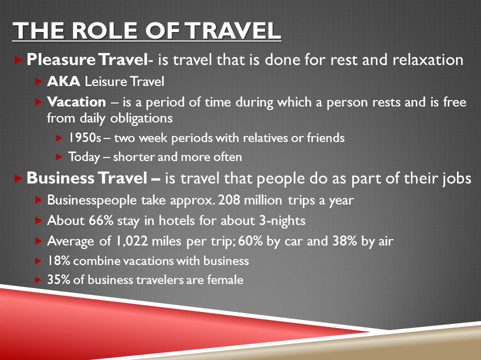 The Role of travel Pleasure Travel- is travel that is done for rest and relaxation. AKA Leisure Travel.
