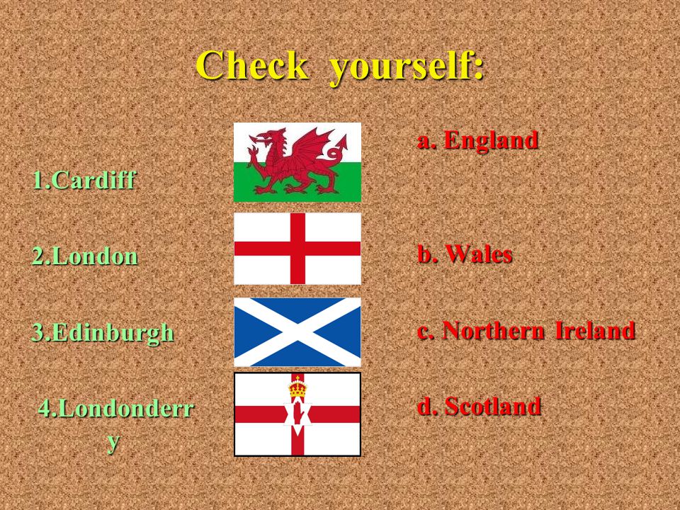 Check yourself: a. England b. Wales c. Northern Ireland d. Scotland