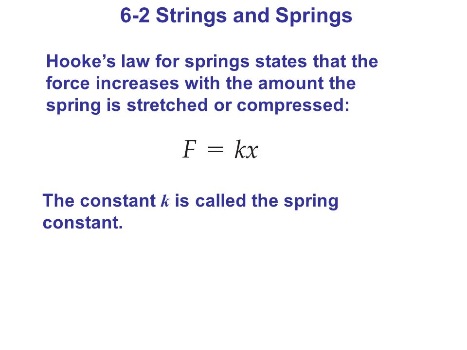 6-2 Strings and Springs Hooke’s law for springs states that the force increases with the amount the spring is stretched or compressed: