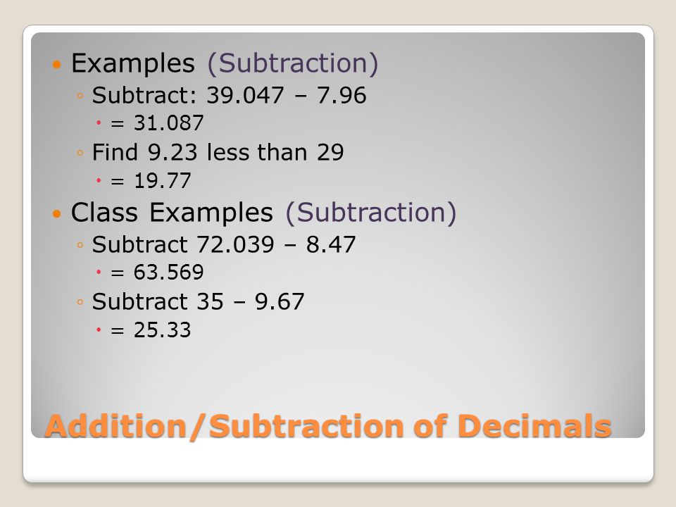 Addition/Subtraction of Decimals