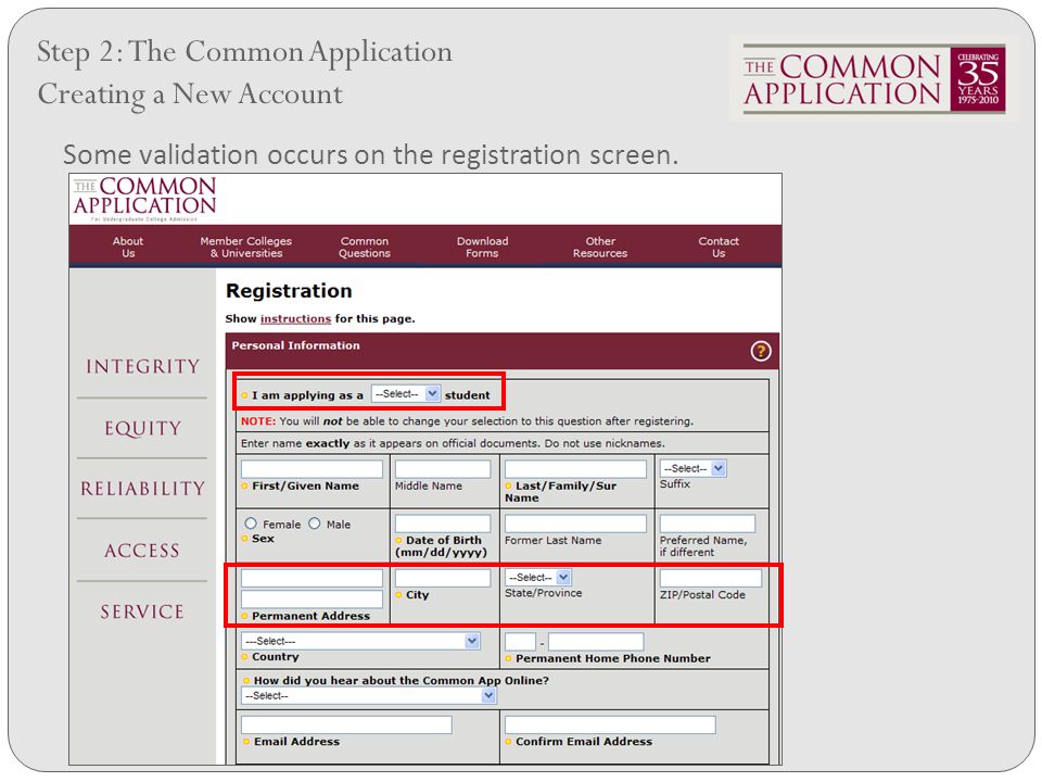 Step 2: The Common Application Creating a New Account