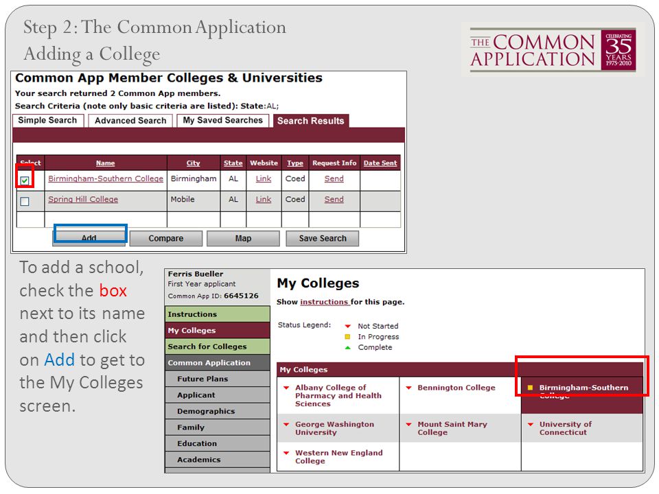 Step 2: The Common Application Adding a College