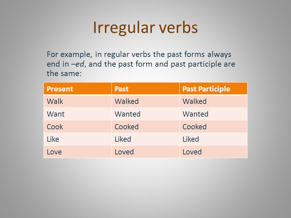 Irregular verbs For example, in regular verbs the past forms always end in ...